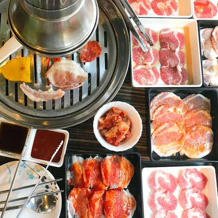 treaky barbecue pork for grilled pork belly and vegetable, popular food deliciousの写真素材
