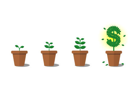 Growing Money. Growth of financial investment,  saving or business concept with pots of green leaves in moneyのイラスト素材