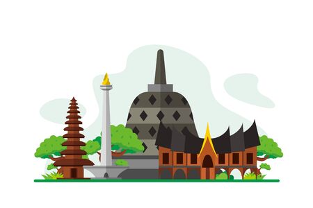 Indonesia Famous Landmarks Travel Flat Concept Vector Illustration, Suitable for Background, Banner, Wallpaper, Advertising Illustrationのイラスト素材