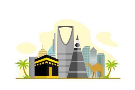Saudi Arabia Famous Landmarks Travel Flat Concept Vector Illustration, Suitable for Background, Banner, Wallpaper, Advertising Illustrationのイラスト素材
