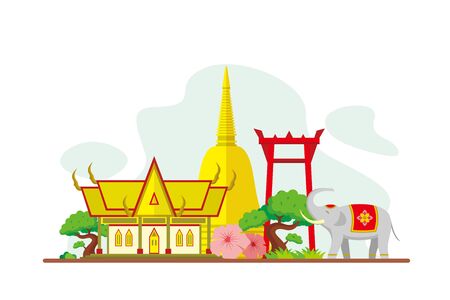 Thailand Famous Landmarks Travel Flat Concept Vector Illustration, Suitable for Background, Banner, Wallpaper, Advertising Illustrationのイラスト素材