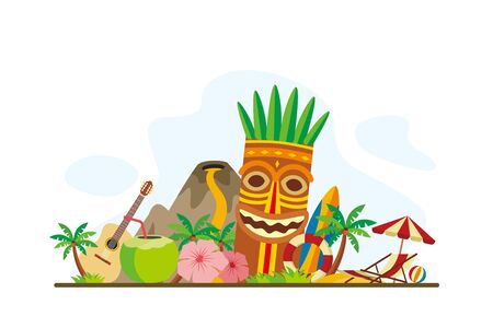 Hawaii Tropical Island Landmarks Travel Flat Concept Vector Illustration, Suitable for Background, Banner, Wallpaper, Advertising Illustrationのイラスト素材