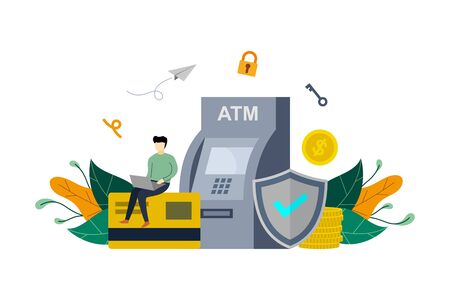 Saving money in bank, ATM machine, money protected, management of investment with small people vector flat illustration, suitable for background, advertising illustrationのイラスト素材