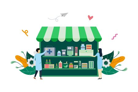 Pharmacy or drugstore concept, medicine pills capsules bottles vitamins and tablets vector flat illustration template, suitable for background, landing page, advertising illustrationのイラスト素材