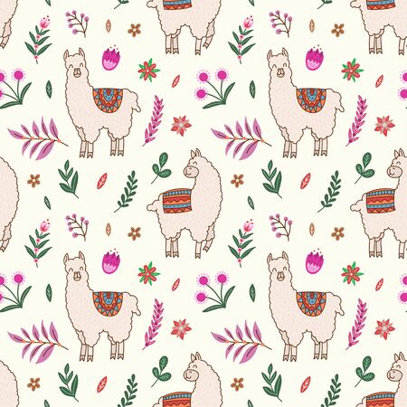 Vector lama/alpaca, floral seamless pattern. llama, leaves, flowers hand drawn elements seamless pattern design template, suitable for fabric, textile, wallpaper, decorationのイラスト素材