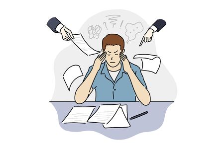 Office worker stress, headache, disappointment or shame by a lot of work. Vector design illustration of employee character with a frustration emotionalのイラスト素材