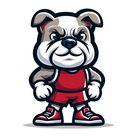 Cute cartoon bulldog puppy in sport shirt mascot character design vector, logo template isolated on white backgroundのイラスト素材