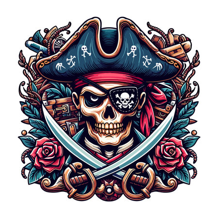 Angry pirate head face with hat and eye patch mascot design vector illustration, logo template isolated on white backgroundのイラスト素材