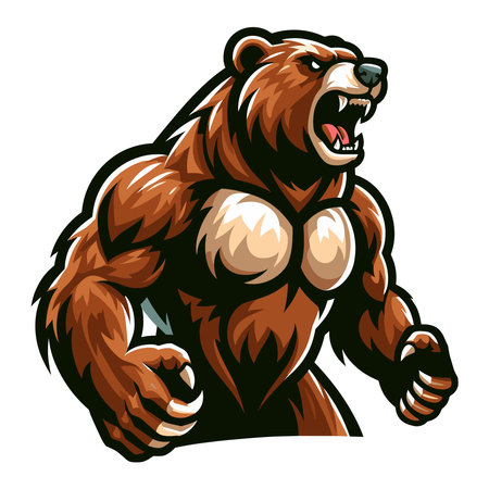 Strong body muscle wild beast grizzly bear mascot design vector illustration, logo template isolated on white backgroundのイラスト素材