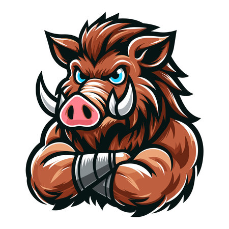 wild beast strong muscle hog boar pig mascot design vector illustration, logo template isolated on white backgroundのイラスト素材