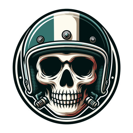 Retro vintage biker racer skull in helmet design vector template illustration. t-shirt design, logo mascot emblem isolated on white backgroundのイラスト素材