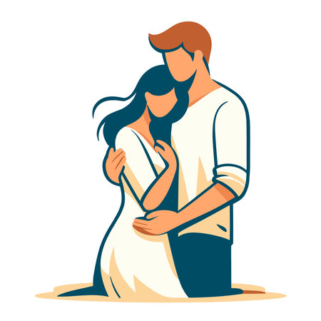 Romantic couple lovers vector illustration, Happy young male female couple together, wife and husband loving relationships. Flat design illustration isolated on white backgroundのイラスト素材