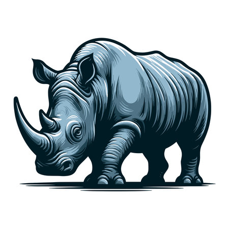 African savannah standing rhinoceros vector design, zoology illustration, wild animal rhino logo template isolated on white backgroundのイラスト素材
