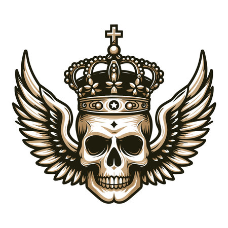 Skull wings crown vector illustration, winged skull badge emblem template suitable for apparel t-shirt, poster, motorbike club logo, tattoo. Design isolated on white backgroundのイラスト素材