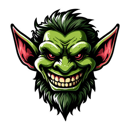 Goblin orc head face vector character illustration, mythical fantasy horror monster design template isolated on white backgroundのイラスト素材
