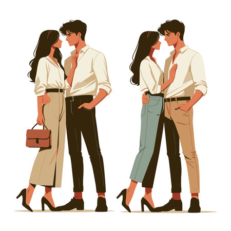 Romantic couple lovers vector illustration, Happy young male female couple together, wife and husband loving relationships. Flat design illustration isolated on white backgroundのイラスト素材