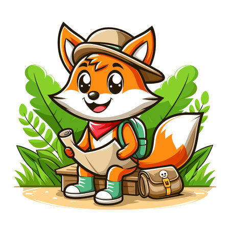 Cute adorable fox the explorer cartoon character vector illustration, funny wolf foxy flat design template isolated on white backgroundのイラスト素材
