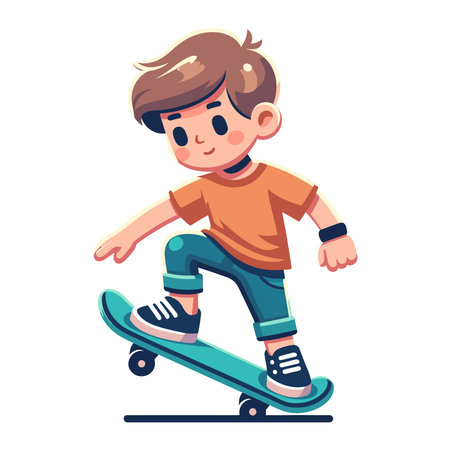 happy cute little kid boy playing skateboard vector illustration, boy skater design template isolated on white backgroundのイラスト素材