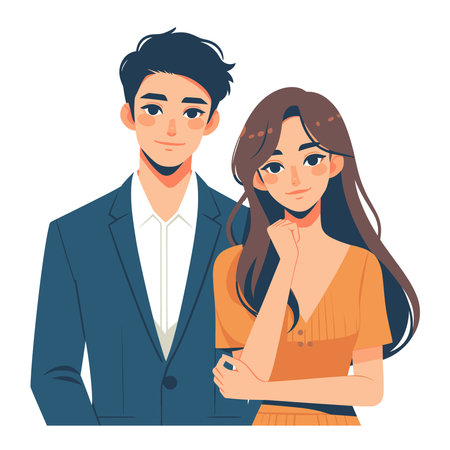 Romantic couple lovers vector illustration, Happy young male female couple together, wife and husband loving relationships. Flat design illustration isolated on white backgroundのイラスト素材