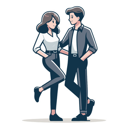 Romantic couple lovers vector illustration, Happy young male female couple together, wife and husband loving relationships. Flat design illustration isolated on white backgroundのイラスト素材