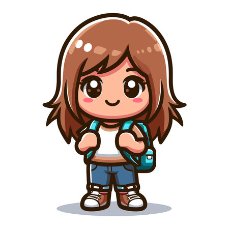 Cute little children stand with backpack, smiling kid heading to school cartoon character, vector illustration isolated on white backgroundのイラスト素材