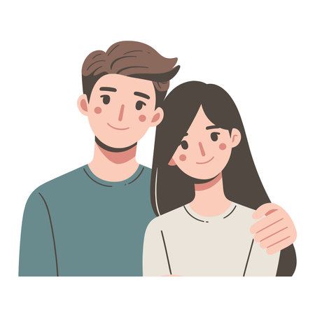 Romantic couple lovers vector illustration, Happy young male female couple together, wife and husband loving relationships. Flat design illustration isolated on white backgroundのイラスト素材
