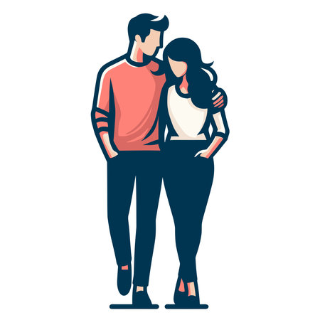 Romantic couple lovers vector illustration, Happy young male female couple together, wife and husband loving relationships. Flat design illustration isolated on white backgroundのイラスト素材