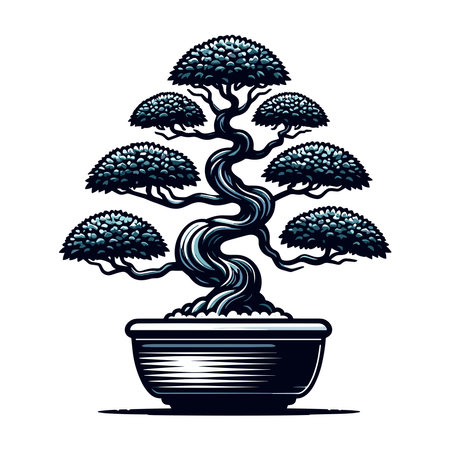 Bonsai tree vector illustration. Aesthetic Japanese and Chinese traditional culture bonsai and potted plants design template isolated on white backgroundのイラスト素材