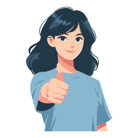 Woman giving thumbs up vector illustration, happy girl showing OK gesture, approval sign, positive emotion, work done sign design template isolated on white backgroundのイラスト素材