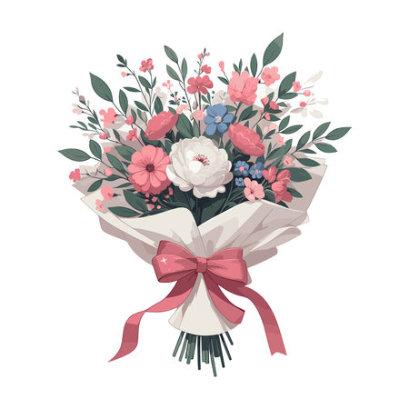 Colorful bouquet of spring fresh flowers wrapped in gift paper. Beautiful floral bunches bouquet for romantic gifts design template isolated on white backgroundのイラスト素材