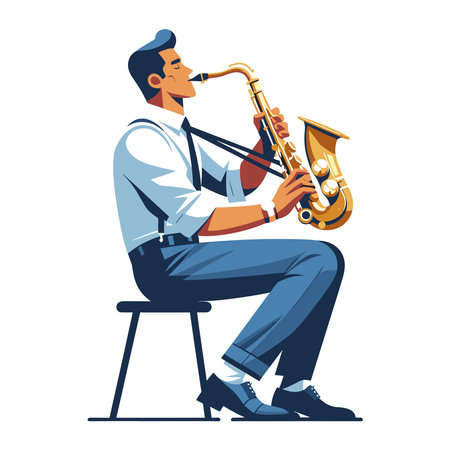 Musician playing saxophone, music player performing solo, holding sax instrument in hands, man saxophonist, jazz and blues performance. Flat vector illustration isolated on white backgroundのイラスト素材