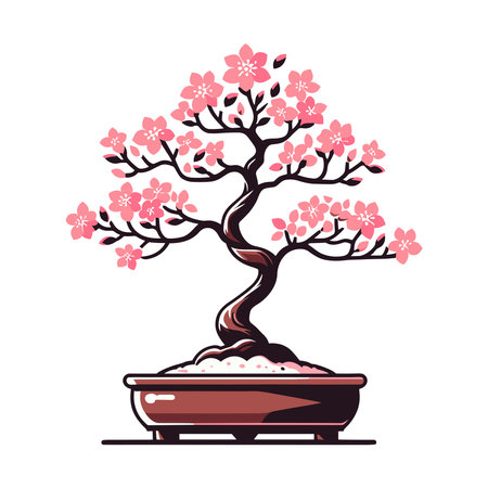 Sakura bonsai tree vector illustration. Aesthetic Japanese and Chinese traditional culture bonsai and potted plants design template isolated on white backgroundのイラスト素材