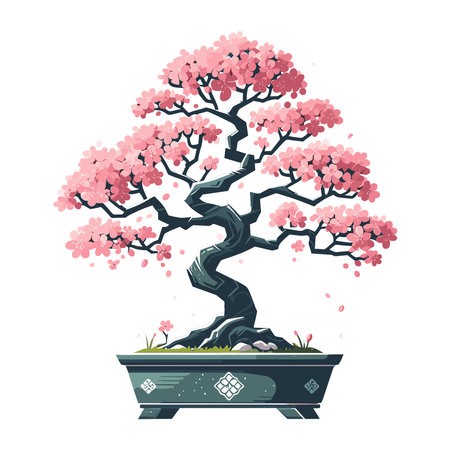 Sakura bonsai tree vector illustration. Aesthetic Japanese and Chinese traditional culture bonsai and potted plants design template isolated on white backgroundのイラスト素材
