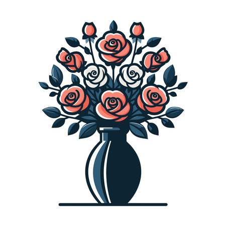 Colorful roses flower in a vase vector illustration, cute spring flowers, bouquet of roses with leaves design template isolated on white backgroundのイラスト素材