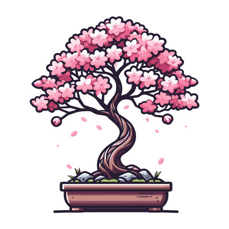 Sakura bonsai tree vector illustration. Aesthetic Japanese and Chinese traditional culture bonsai and potted plants design template isolated on white backgroundのイラスト素材