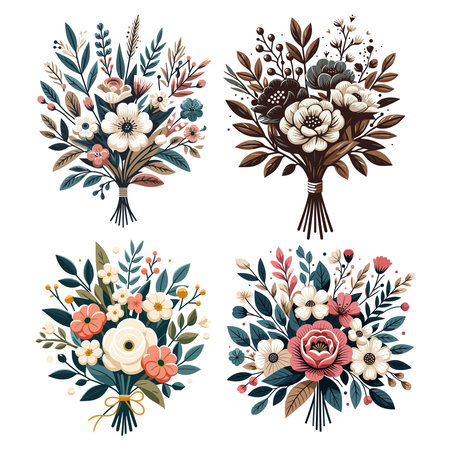 Colorful bouquet of spring fresh flowers wrapped in gift paper. Beautiful floral bunches bouquet for romantic gifts design template isolated on white backgroundのイラスト素材