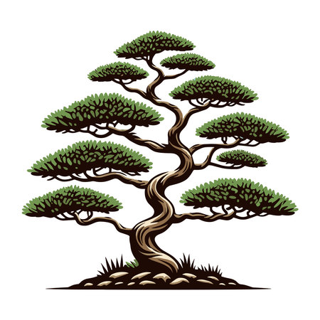 Bonsai tree vector illustration. Aesthetic Japanese and Chinese traditional culture bonsai and potted plants design template isolated on white backgroundのイラスト素材