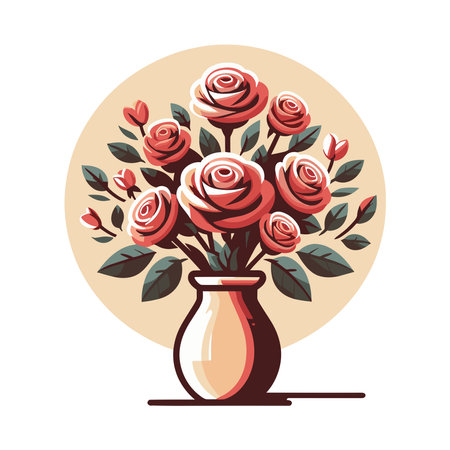 Colorful roses flower in a vase vector illustration, cute spring flowers, bouquet of roses with leaves design template isolated on white backgroundのイラスト素材