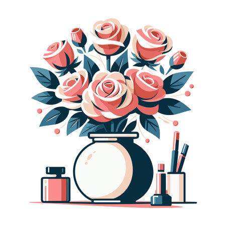 Colorful roses flower in a vase vector illustration, cute spring flowers, bouquet of roses with leaves design template isolated on white backgroundのイラスト素材