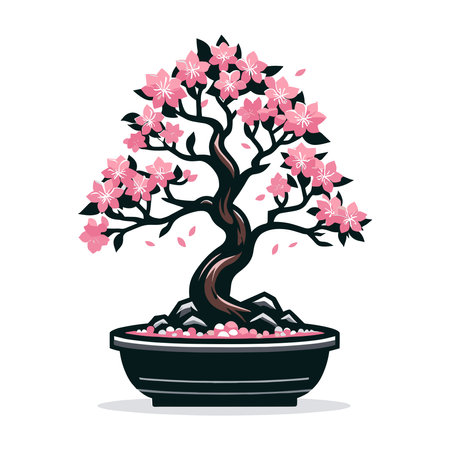 Sakura bonsai tree vector illustration. Aesthetic Japanese and Chinese traditional culture bonsai and potted plants design template isolated on white backgroundのイラスト素材