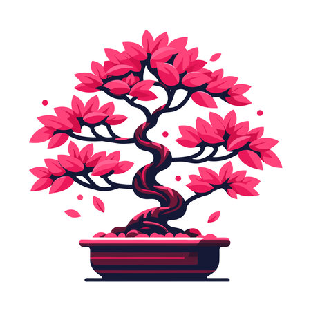 Red leaves bonsai tree vector illustration. Aesthetic Japanese and Chinese traditional culture bonsai and potted plants design template isolated on white backgroundのイラスト素材