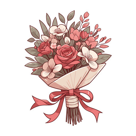 Colorful bouquet of spring fresh flowers wrapped in gift paper. Beautiful floral bunches bouquet for romantic gifts design template isolated on white backgroundのイラスト素材