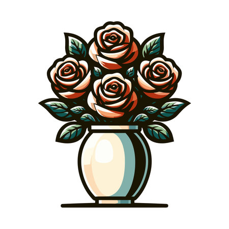 Colorful roses flower in a vase vector illustration, cute spring flowers, bouquet of roses with leaves design template isolated on white backgroundのイラスト素材