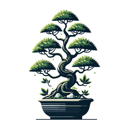 Bonsai tree vector illustration. Aesthetic Japanese and Chinese traditional culture bonsai and potted plants design template isolated on white backgroundのイラスト素材