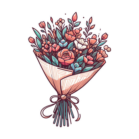 Colorful bouquet of spring fresh flowers wrapped in gift paper. Beautiful floral bunches bouquet for romantic gifts design template isolated on white backgroundのイラスト素材