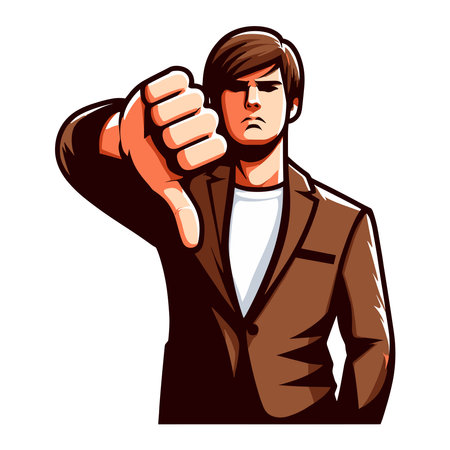 Man showing thumbs down vector illustration, unhappy male gesturing disapproval sign, dislike, disagreement, negative expression. design template isolated on white backgroundのイラスト素材