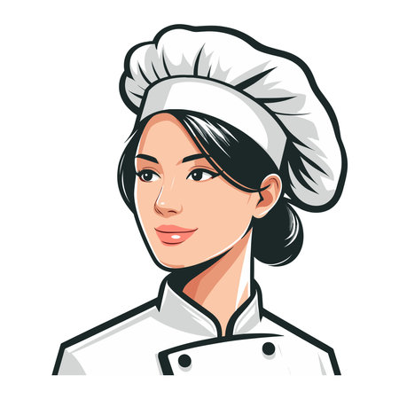 Beautiful woman chef mascot logo vector illustration, female character with hat and chef uniform, restaurant business concept, design template isolated on white backgroundのイラスト素材
