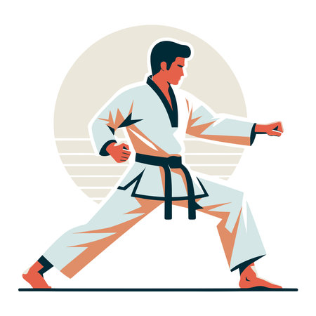 Man taekwondo athlete full body design illustration, male taekwondo martial art player, fight sport, kicking attack technique. design template isolated on white backgroundのイラスト素材