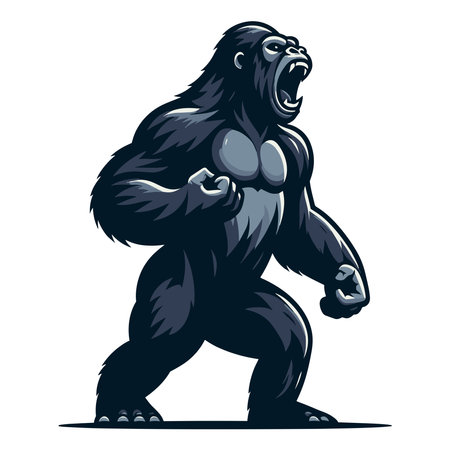 Wild angry gorilla full body vector illustration, primate animal zoology element illustration, roaring strong big ape concept, design template isolated on white backgroundのイラスト素材