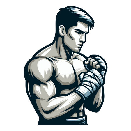 Man mixed martial arts athlete half body vector illustration, MMA sport fighter, octagon combat, punching with fist, kicking strike. design template isolated on white backgroundのイラスト素材